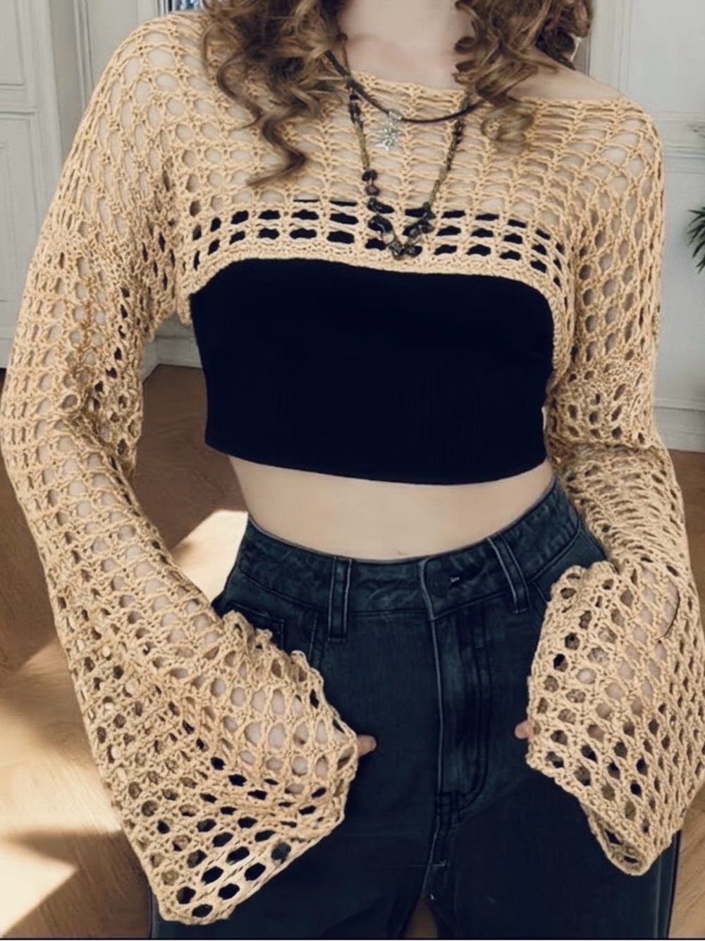Crochet Open-Knit Shawl Sleeve Top in light tan